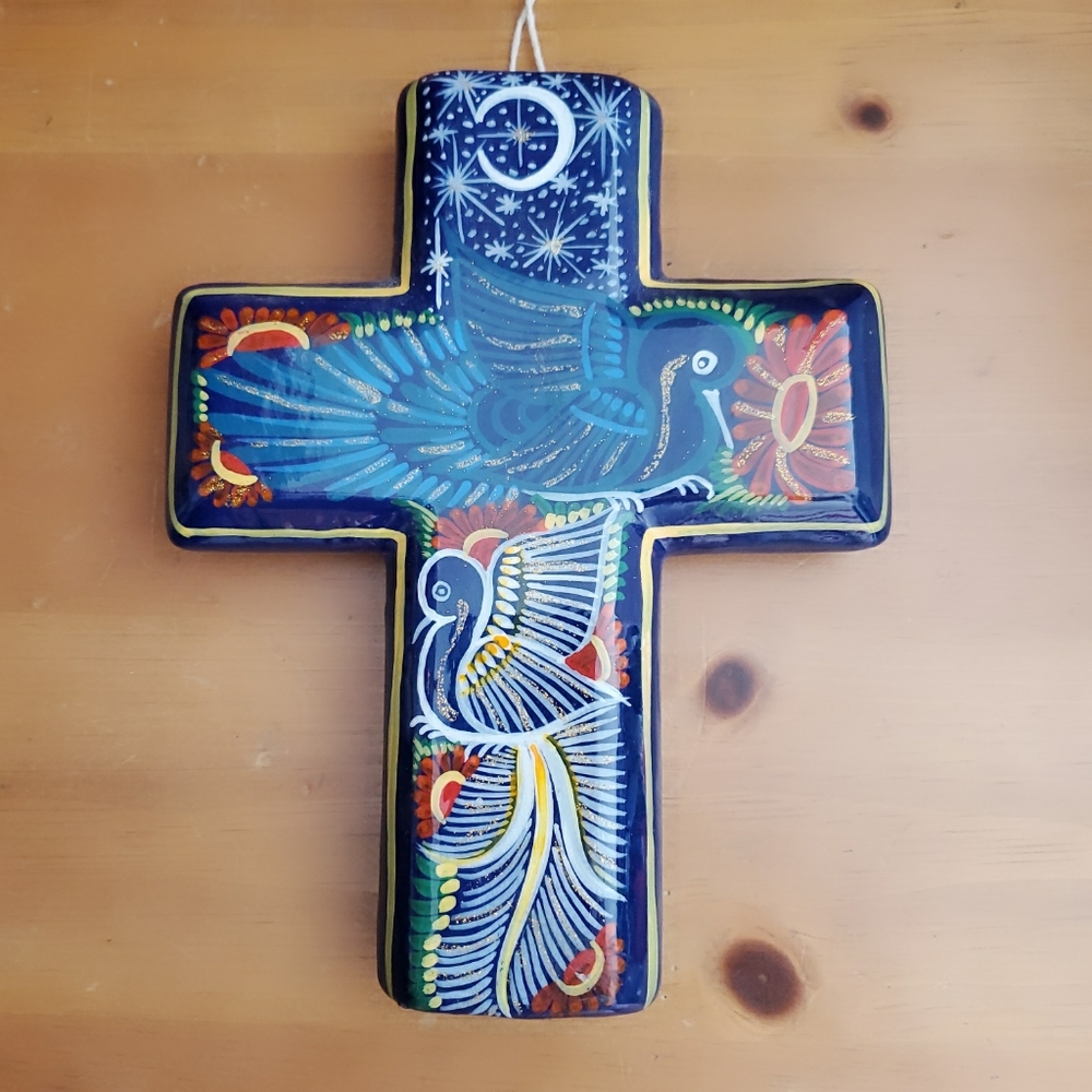 Handpainted Blue Teraccotta Bird Wall Art Cross